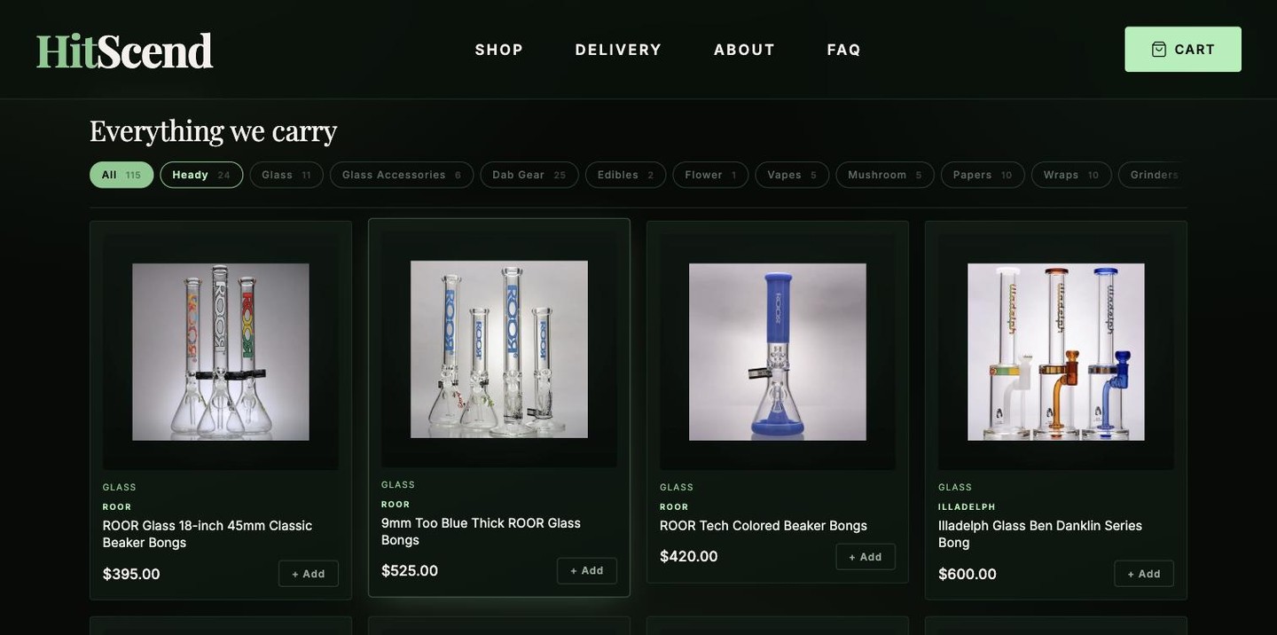 HitScend Smoke Shop — product catalog with category filters