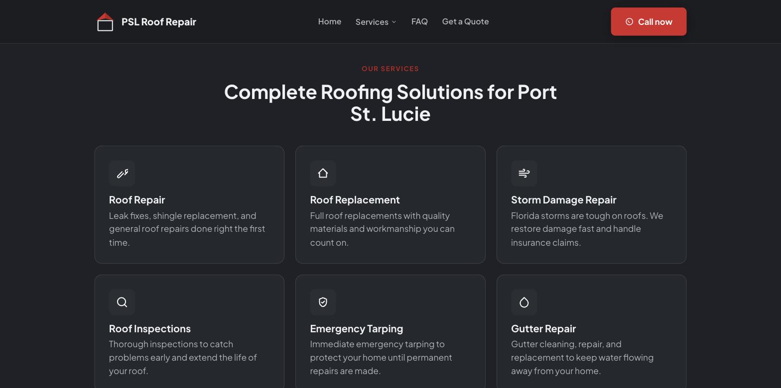 PSL Roof Repair — services grid
