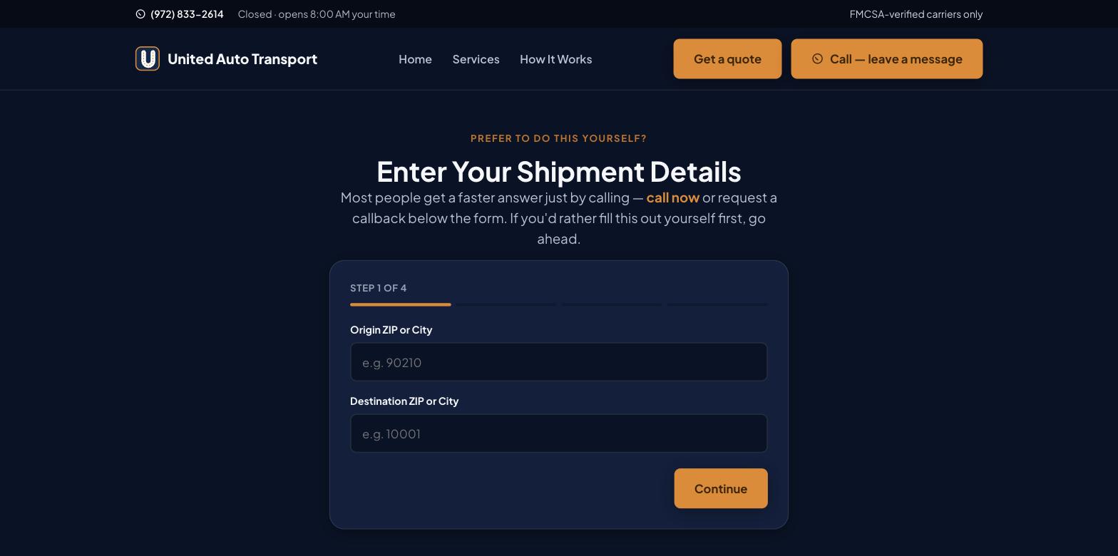 United Auto Transport — shipment quote form
