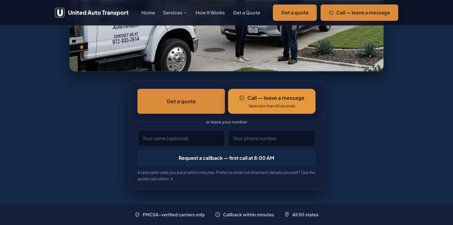 United Auto Transport — request a callback form